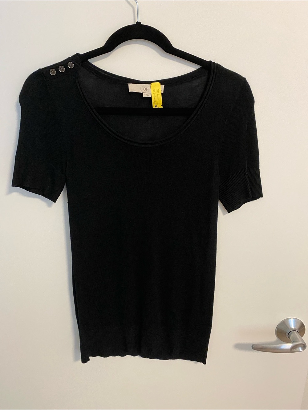 LOFT Black Short-Sleeve Scoop Neck Top with Shoulder Buttons